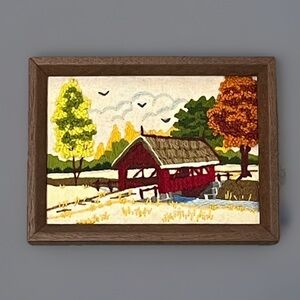 Vintage Covered Bridge Crewel Art Framed Embroidered Landscape Art Fall 1981